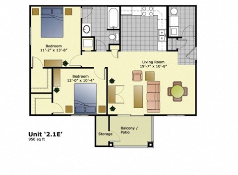 Floor plan for 2 beds, 1 bath, 950 sqft
